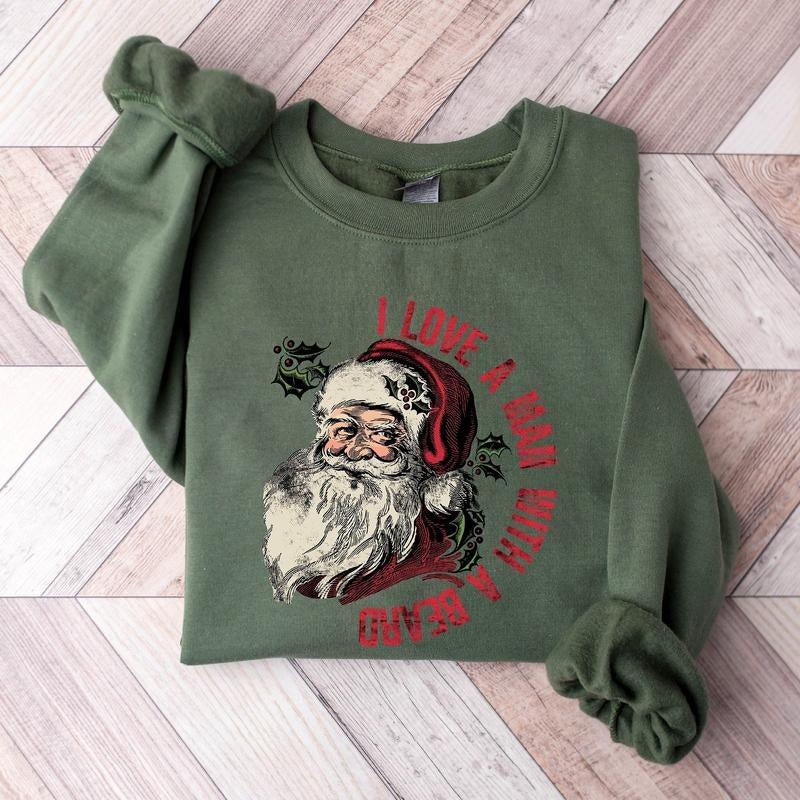 I Love a Man with a Beard Santa Christmas Sweatshirt, Funny Santa Beard Unisex Crewneck Sweatshirt & T-shirt - Cotton Fabric