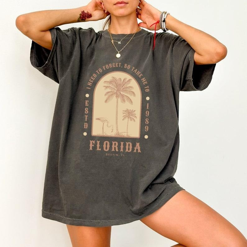 I Need To Forget So Take Me To Florida Oversized Vintage Graphic Gym Tee Cotton Sleeve Hoodie, Sweatshirt | PureTeeCo.com