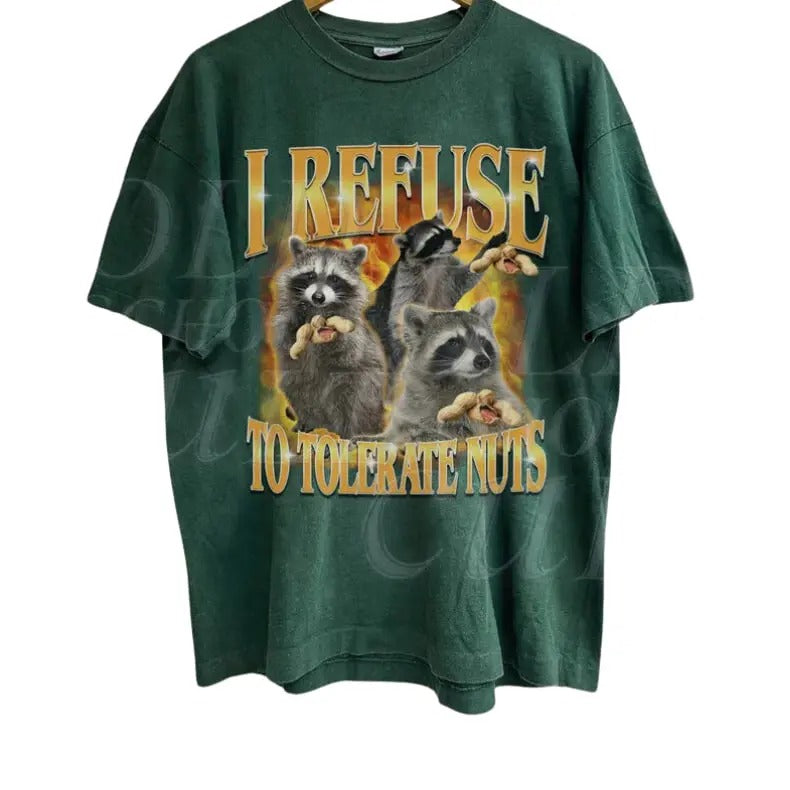 I Refuse To Tolerate Nuts Vintage Graphic T-Shirt, Unisex Funny Retro Raccoon Shirt, Funny Meme Tee, Vintage Style Cotton...