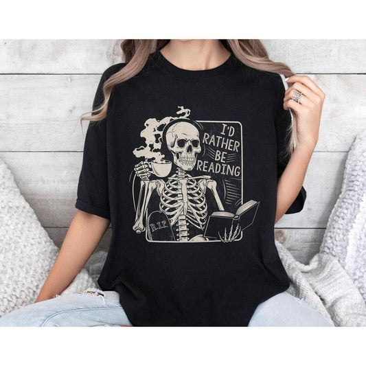 I'd Rather Be Reading Skeleton T-shirt, Gothic Book Lover Shirt, Spooky Bookworm  Shirt, Vintage Horror Aesthetic Literary Gift