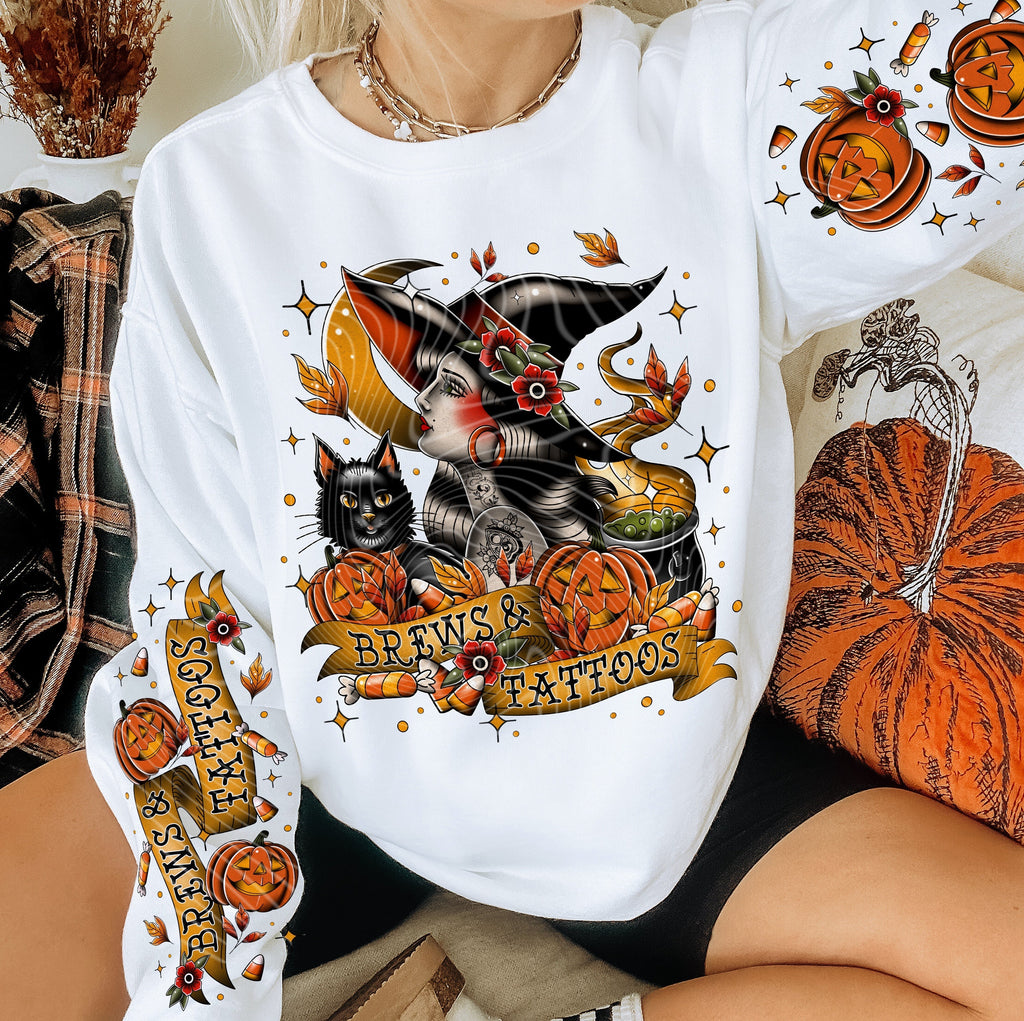 BREWS TATTOOS- CREWNECK SWEATSHIRT  W/ SLEEVE PRINT T-Shirts, Hoodie | PureTeeCo.com (Image 1)