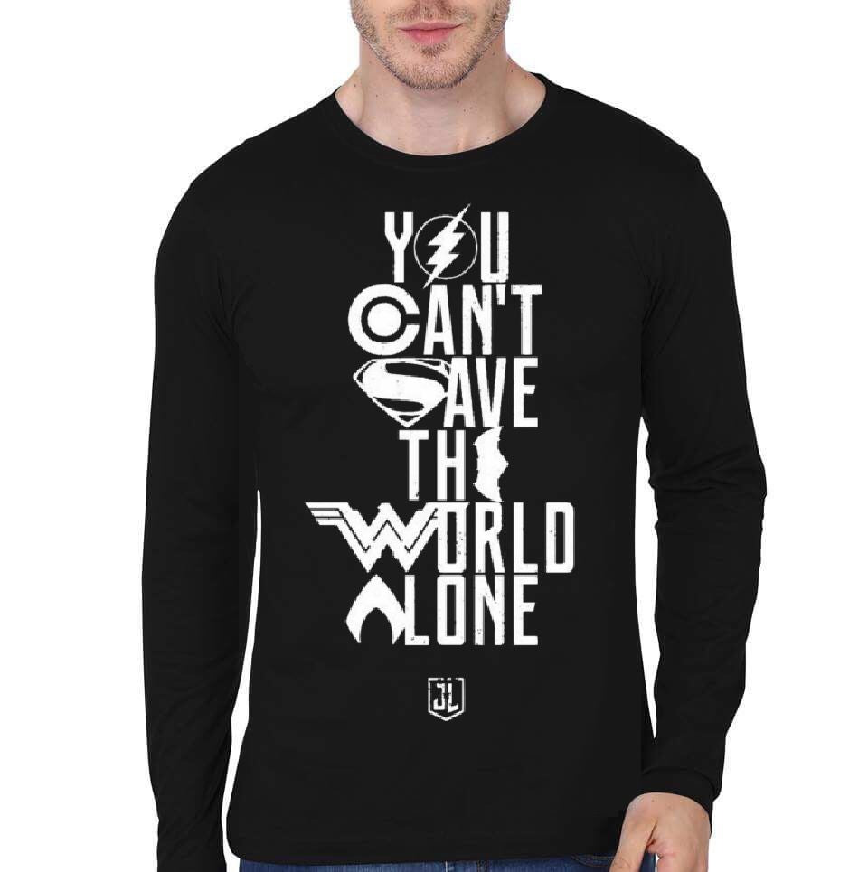 You Canâ€™t Save The World Alone Justice League Black Full Sleeve T-Shirt Hoodie, Sweatshirt | PureTeeCo.com