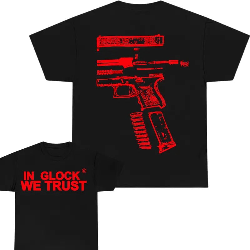 IN GLOCK WE TRUST 2 side T-shirt, Menswear Top , GIft For Men,Full color,Design red, T-shirt For Men Hoodie, Sweatshirt
