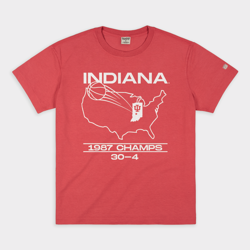 IU 1987 Basketball Champs Crimson Vintage Heavyweight Tee Hoodie, Sweatshirt | PureTeeCo.com (Image 1)