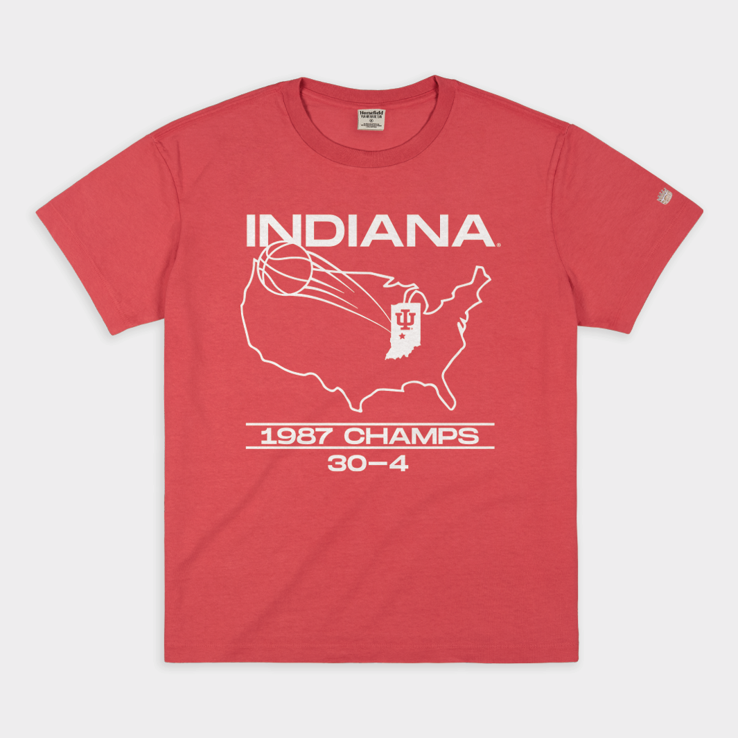 IU 1987 Basketball Champs Crimson Vintage Heavyweight Tee Hoodie, Sweatshirt | PureTeeCo.com (Image 1)