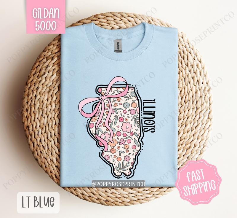 Illinois Gildan T-shirt, Cute Illinois State Shirt, Illinois Floral Bow Tee Hoodie, Sweatshirt | PureTeeCo.com