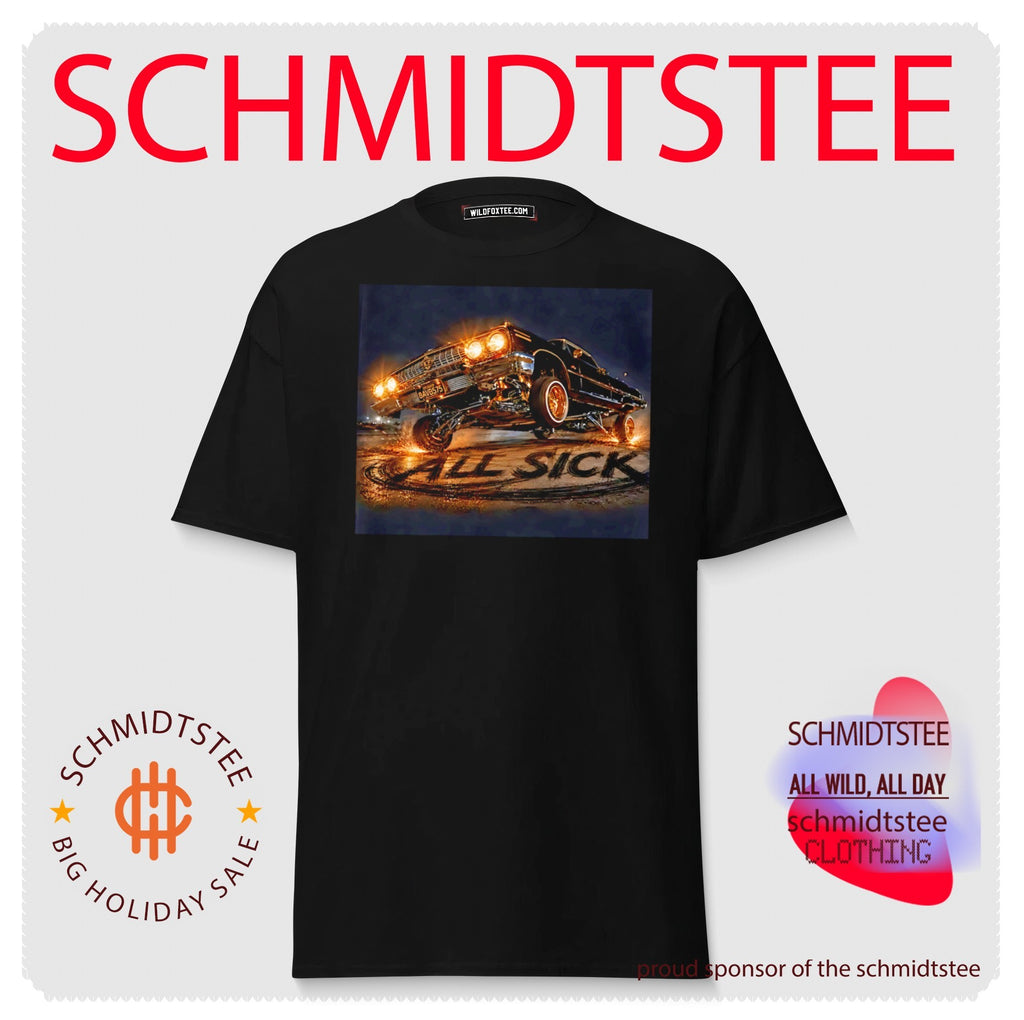 Impala lowrider in three-wheel motion illustration shirt