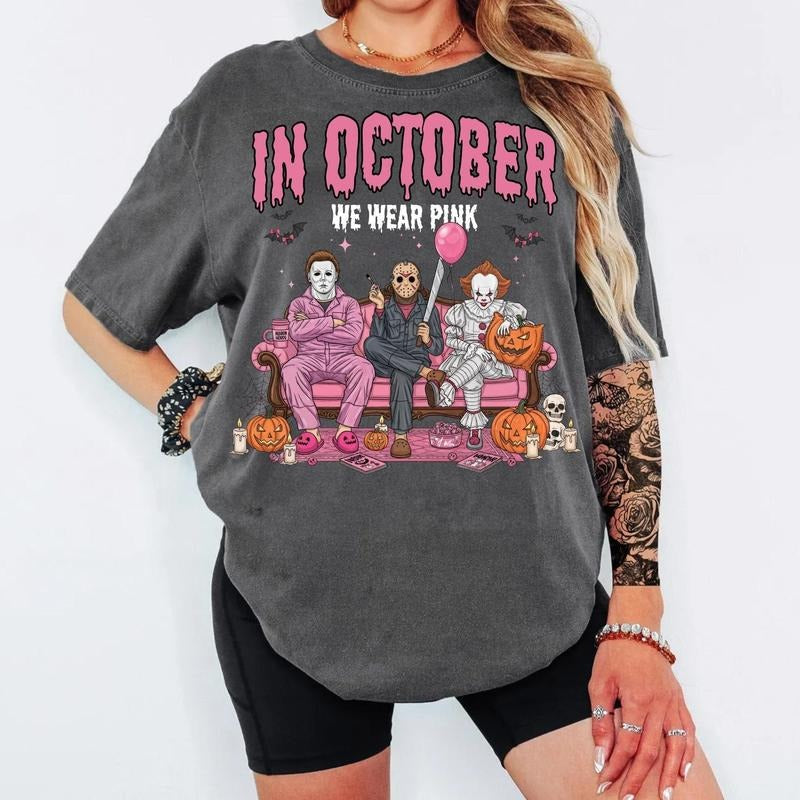 In October We Wear Pink Halloween Shirt | Funny Horror Movie Characters Tee | Spooky Season Graphic T-Shirt for Women...