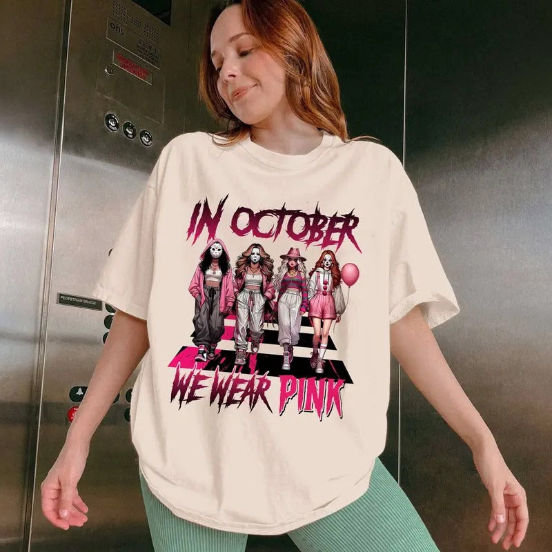 In October We Wear Pink Horroww Halloween Breast Cancer T-Shirt, Happy Halloween Shirt, Vintage T-shirt Hoodie, Sweatshirt