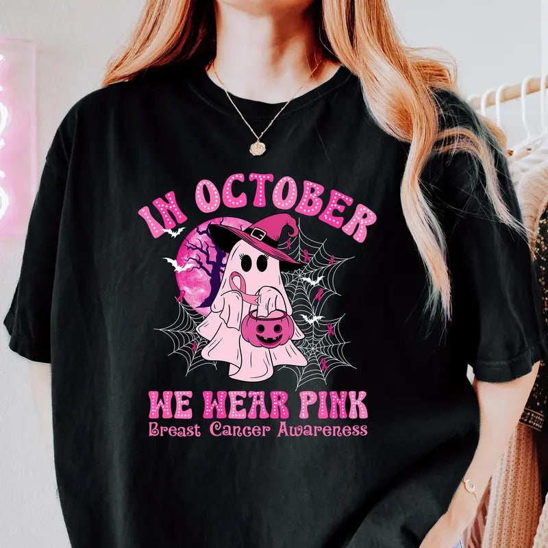 In October We Wear Pink Shirt Breast Cancer Awareness Shirt Retro Breast Cancer Shirt Halloween Pink Ghost Shirt Cute...