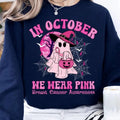 In October We Wear Pink Shirt, Breast Cancer Awareness Shirt, Pink Ghost And Pumpkin Shirt, Breast Cancer Month Halloween...