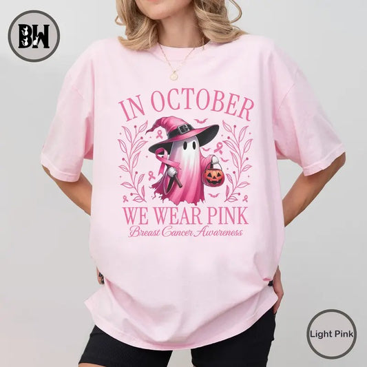 In October We Wear Pink Shirt, Retro Breast Cancer Awareness T-Shirt, Breast Cancer Awareness Shirt, Halloween Shirt, Halloween Pink Ghost Sweatshirt, Wear Pink Pumpkin