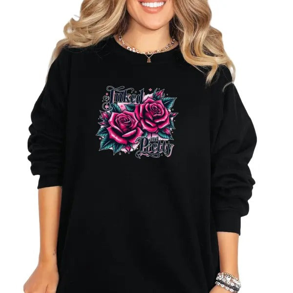 'Inked & Pretty' with Goth Roses  Crewneck Sweatshirt, T Shirt, or Hoodie | Grunge Aesthetic Pullover Retro Vibes |...