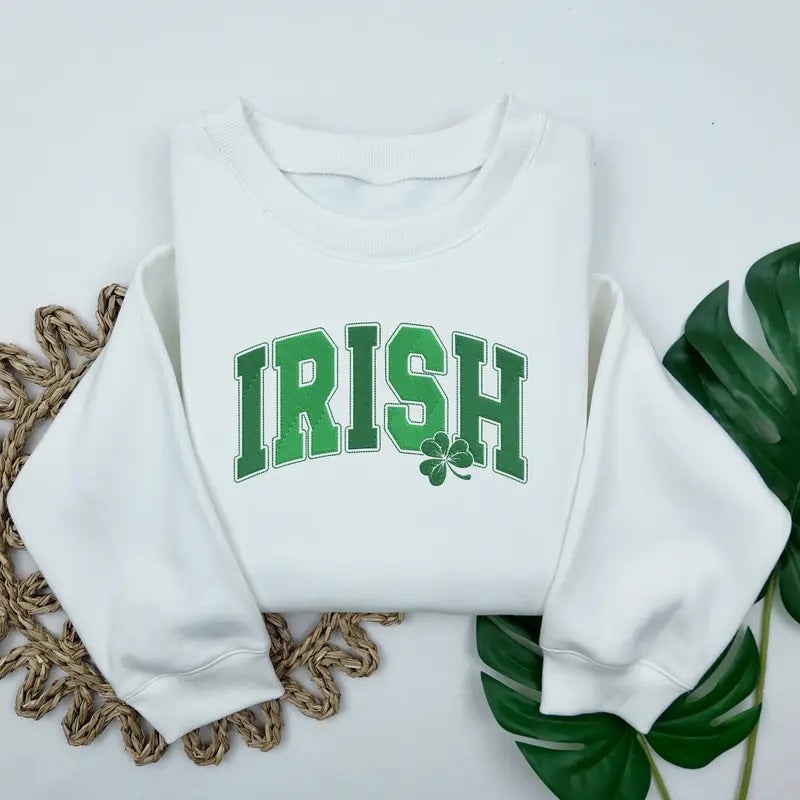 Irish Shamrock Embroidered Sweatshirt, St Patrick's Day Sweater, Green Gift for Her, Lucky Clover Sweatshirt T-Shirts, Hoodie