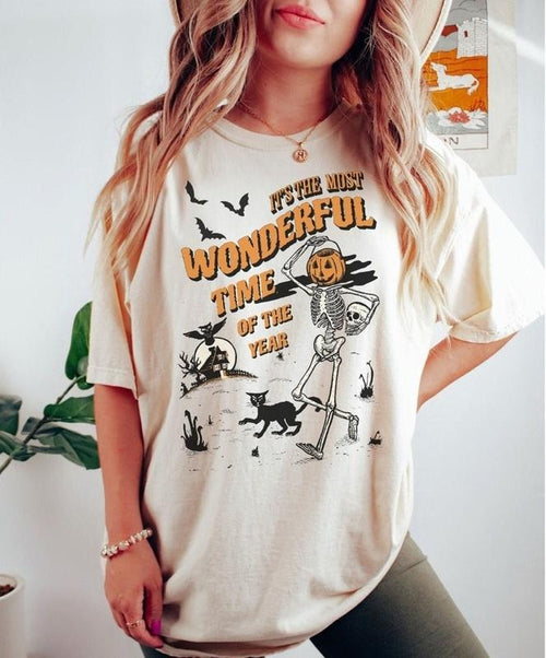 It's the Most Wonderful Time of the Year Halloween t-shirt, Vintage Halloween shirt, Black cat skeleton retro Halloween...