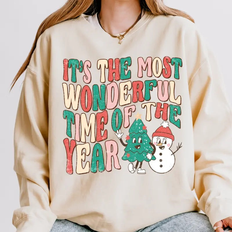 Its the most wonderful time of the year Crewneck, Christmas tree, Snowman Christmas Sweatshirt, Winter Season Graphic, Casual Cotton Crewneck, Polyester, Oversized