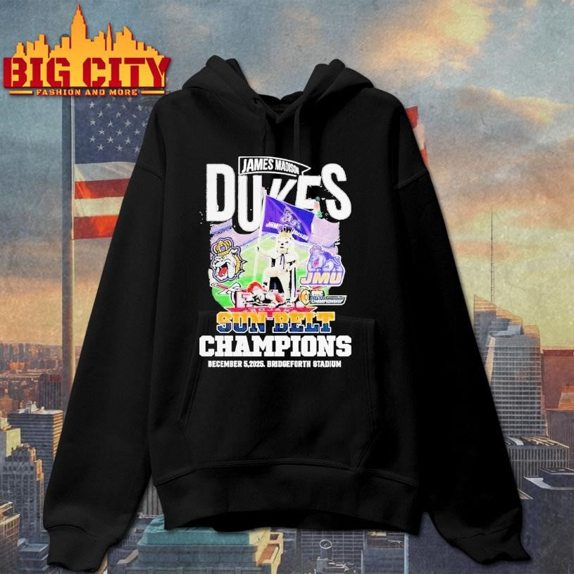 James Madison Dukes Stomp Troy Trojans Sun Belt Champions 2025 Bridgeforth Stadium Mascot Shirt