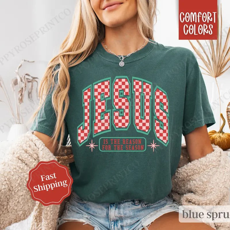Jesus Checkered Christmas Shirt Comfort Colors, Xmas Tshirt, Religious Holiday Tshirt, Women's Holiday Tee Hoodie, Sweatshirt