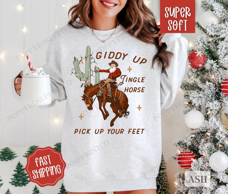 Jingle Horse Christmas  Sweatshirt, Country Christmas Sweater, Cowboy Holiday Crewneck T-Shirts, Hoodie | PureTeeCo.com