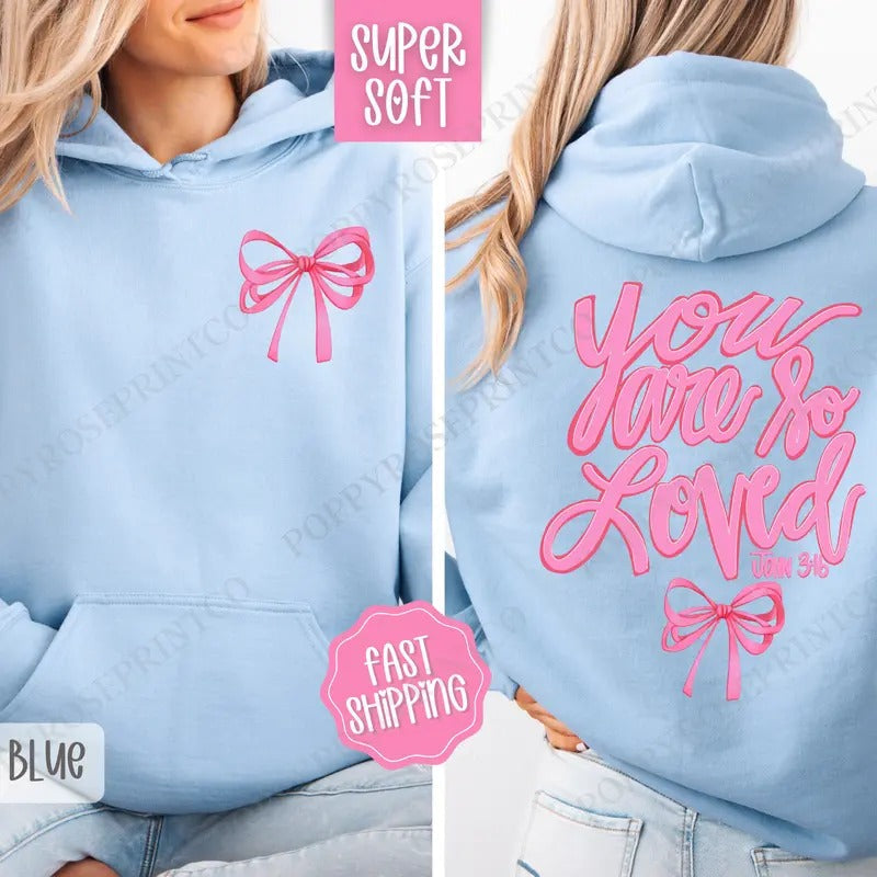 John 3:16 Hoodie, Religious Women's Hooded Sweatshirt, Trendy Coquette Bow Women's Hoodie T-Shirts | PureTeeCo.com