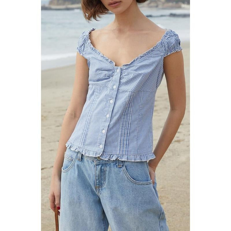 John Galt Women's Blue & White Gingham Elara Top T-Shirts, Hoodie, Sweatshirt | PureTeeCo.com