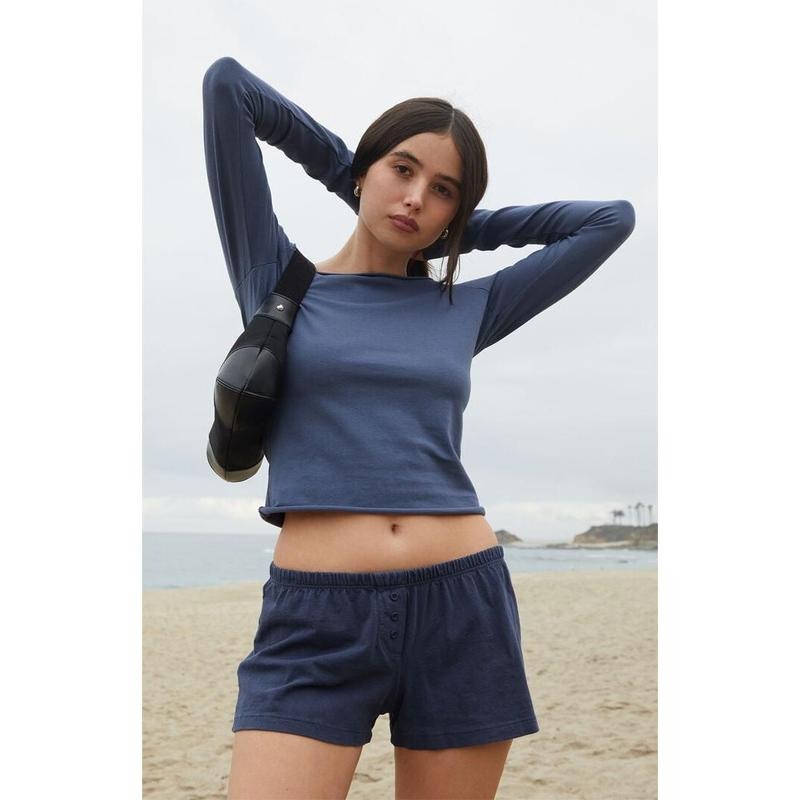 John Galt Women's Navy Bonnie Long Sleeve Off-The-Shoulder Top T-Shirts, Hoodie, Sweatshirt | PureTeeCo.com