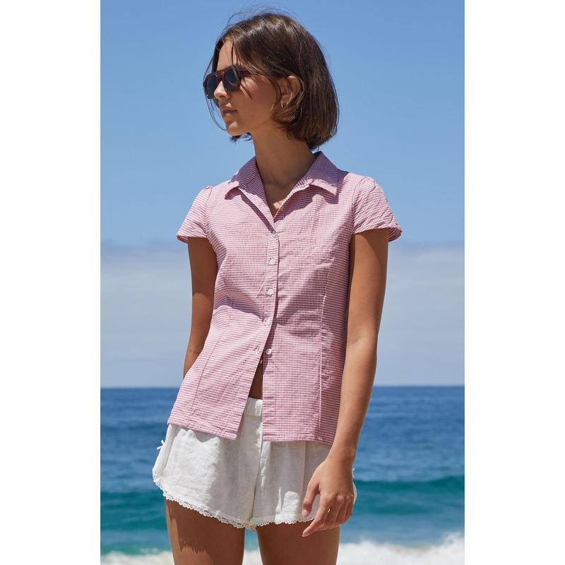 John Galt Women's Red Gingham Rue Collared Top T-Shirts, Hoodie, Sweatshirt | PureTeeCo.com