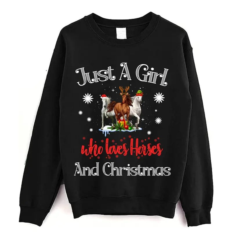 Just A Girl Who Loves Horses And Christmas T shirt, Horse Sweater, Horse Sweatshirt, Horse Christmas Tree Light T Shirt,...