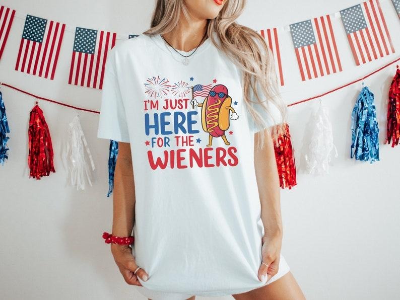 Just Here For The Wieners Shirt, 4th of July Funny Hot Dog, Independence Day Tee, Retro America Patriotic Weenies Hoodie,...