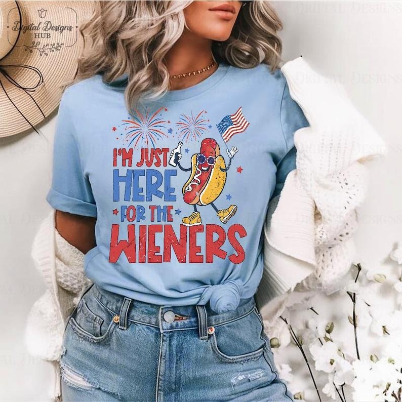 Just Here For The Wieners Shirt, 4th of July Shirt Funny, Independence Day Tee, Retro America Patriotic Weenies Hoodie,...