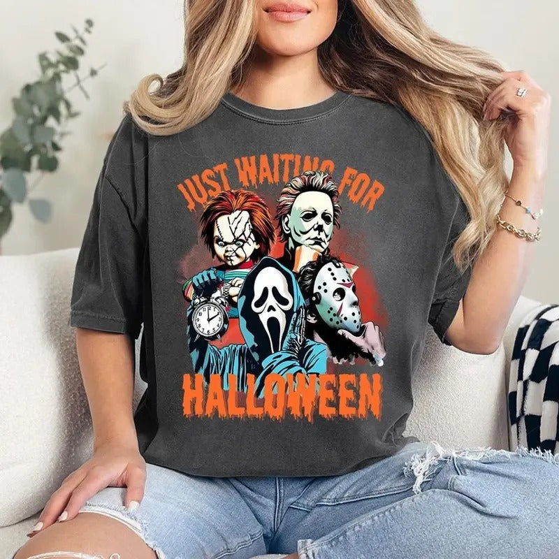 Just Waiting For Halloween Sweatshirt, Retro Horror Characters Halloween T-shirt, Gifts for Halloween, Spooky Season Shirt, Halloween Shirt
