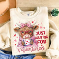 Just Waiting For Valentine Highland Cow Sweatshirt, Retro Girly Valentine Funny Valentines Shirt, Gift For her,...
