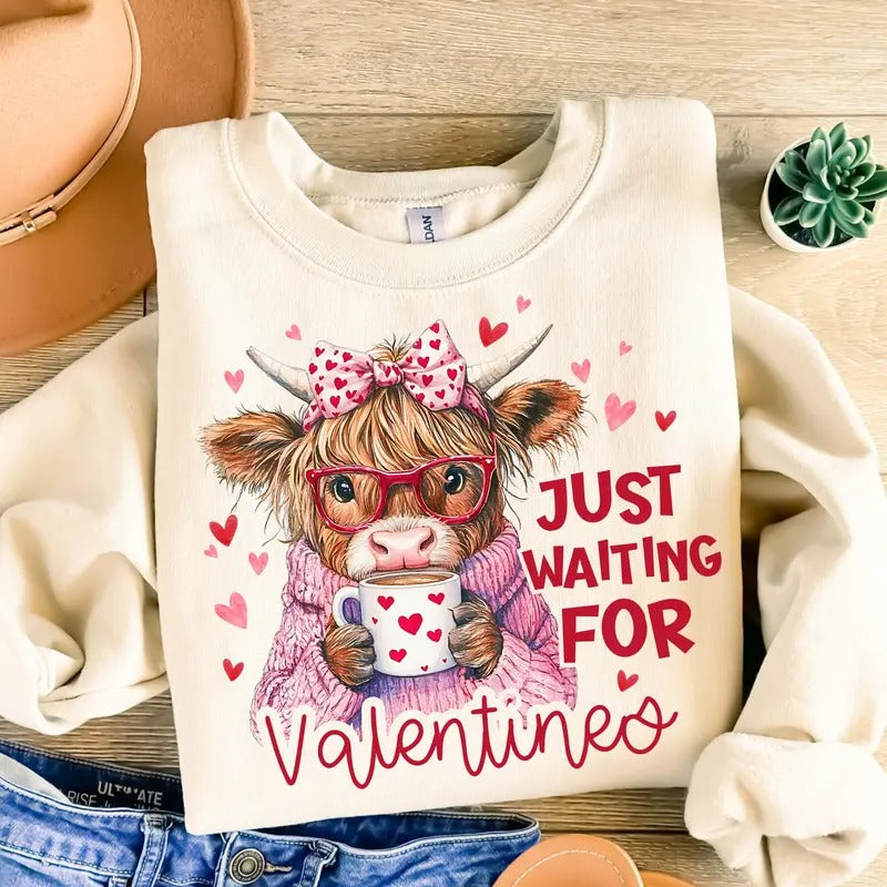 Just Waiting For Valentine Highland Cow Sweatshirt, Retro Girly Valentine Funny Valentines Shirt, Gift For her,...