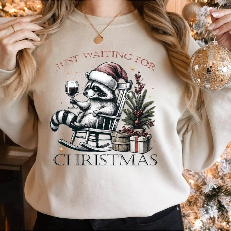 Just Waiting for Christmas Sweatshirts, Christmas Raccoon Hoodie, Christmas Feral Girl Crewneck, Funny Raccoon Xmas...