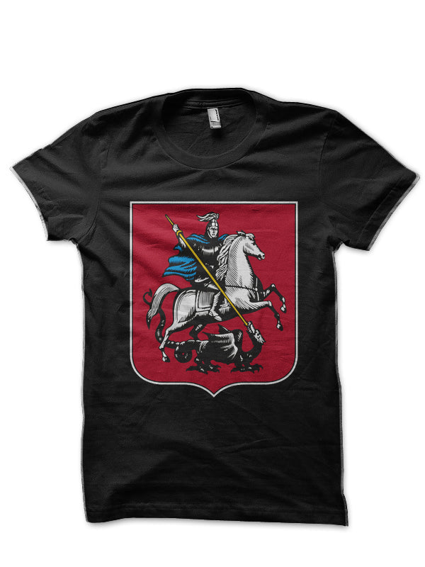 Mosow Coat of Arms Flag- Saint George Lancing a Zilant Black T-Shirt