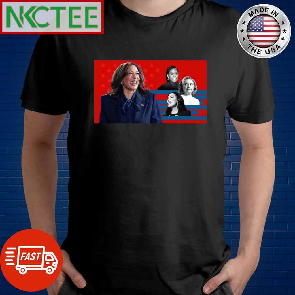 Kamala Harris a woman in a blue suit is smiling in front of a red white and blue background shirt
