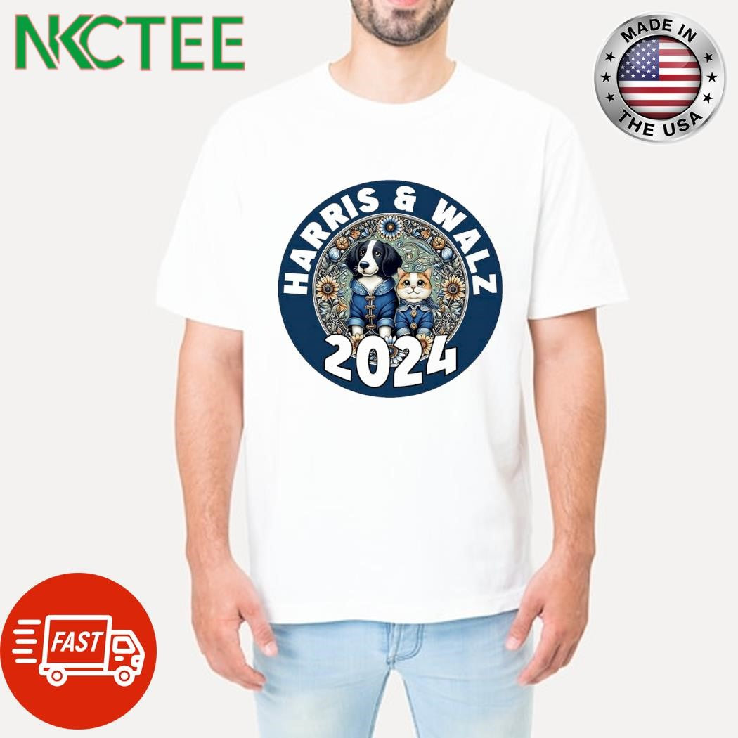 Kamala Harris and Tim Walz 2024 dog and cat flower circle shirt