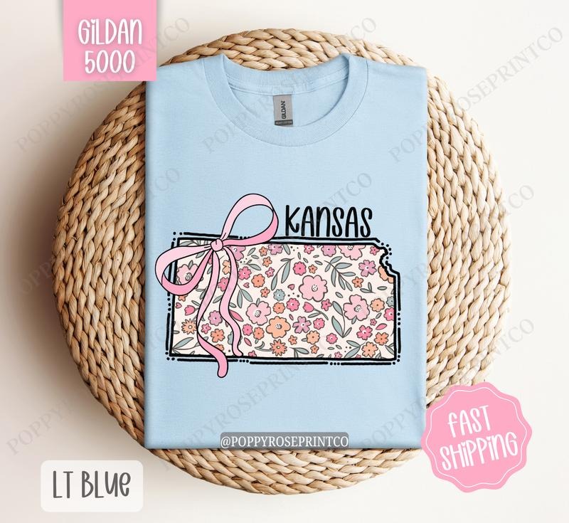 Kansas Gildan T-shirt, Cute Kansas State Shirt, Kansas Floral Bow Tee Hoodie, Sweatshirt | PureTeeCo.com