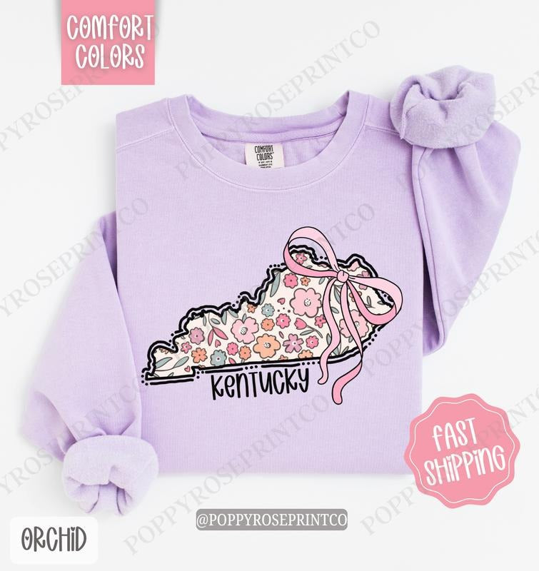 Kentucky Floral Comfort Colors Sweatshirt, Kentucky Sweatshirt, Cute Bow Kentucky Sweatshirt T-Shirts, Hoodie | PureTeeCo.com