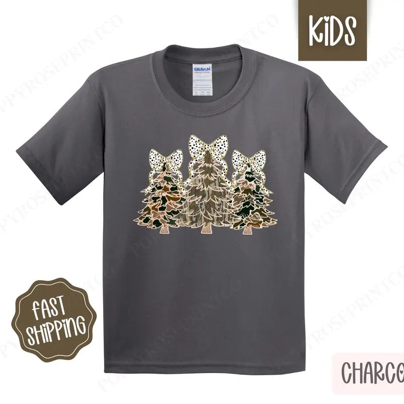 Kids Camo Christmas Shirt - Coquette Camo Bow Children's Tshirt - Youth Holiday Tee Gildan Hoodie, Sweatshirt | PureTeeCo.com