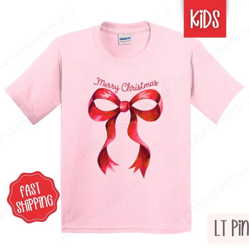 Kids Christmas Shirt - Coquette Bow Merry Christmas Tshirt - Youth Holiday Tee Gildan Hoodie, Sweatshirt | PureTeeCo.com