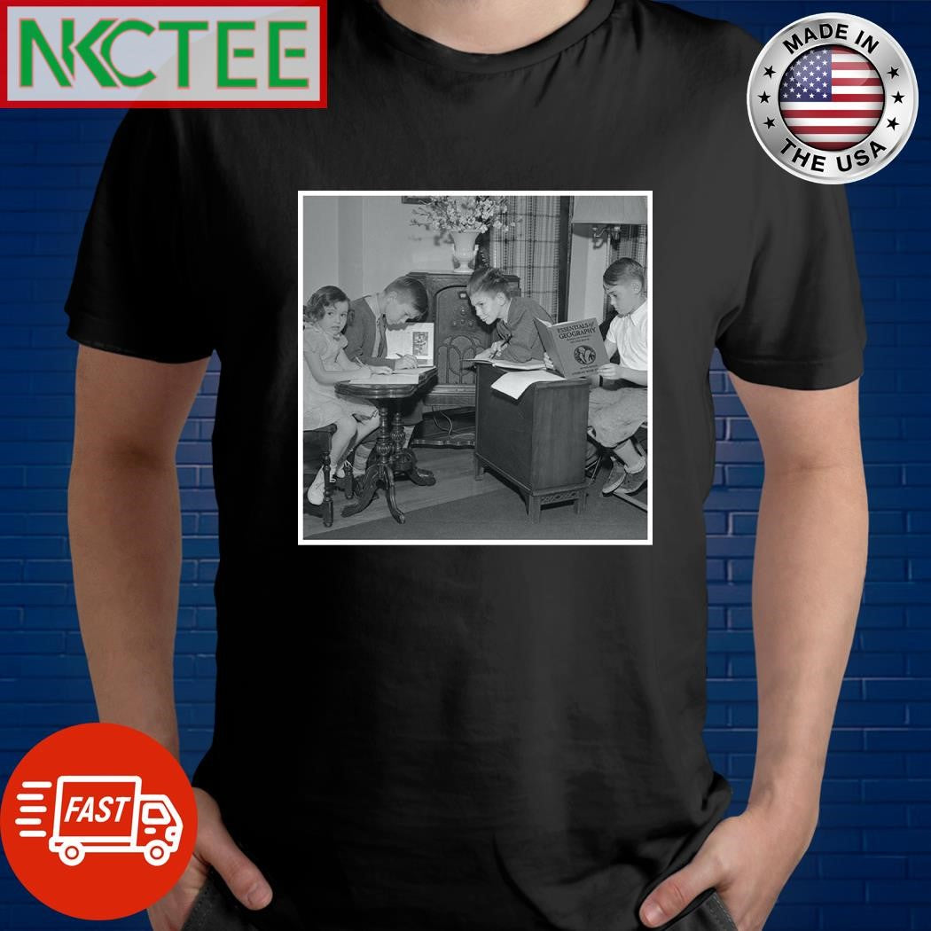 Kids remote learning during a polio outbreak in the 1940s. Teachers read lessons over the radio shirt
