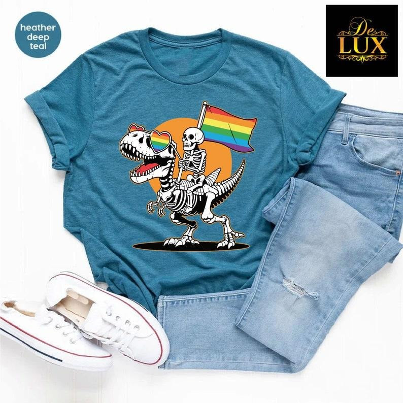 LGBT Skeleton Shirt, Gay Skeleton Shirt, Skeleton Pride Shirt, Dinosaur Pride Tshirt, Queer Pride Tee, LGBTQ Flag Shirt,...