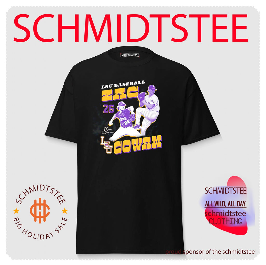 LSU baseball Zac Cowan number 26 leg lift pose shirt