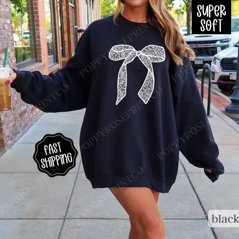 Lace Bow Sweatshirt, Coquette Ribbon Crewneck,  Trendy Women's Sweater T-Shirts, Hoodie | PureTeeCo.com