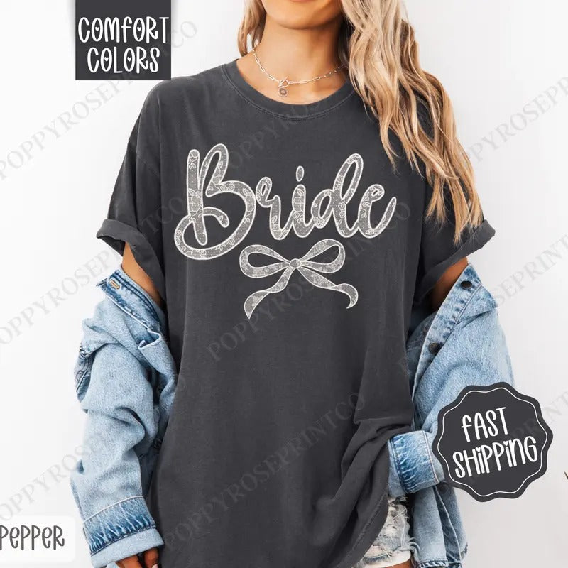 Lace Bride Shirt Comfort Colors, Bridal Coquette Lace Bow Women's Tee, Cute Women's Tshirt Hoodie, Sweatshirt | PureTeeCo.com