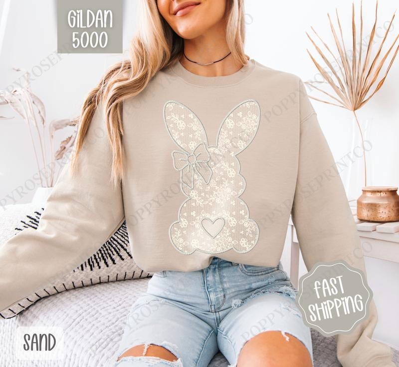 Lace Bunny Sweatshirt, Easter Crewneck, Trendy Bunny Women's Sweater, Gift for Her T-Shirts, Hoodie | PureTeeCo.com
