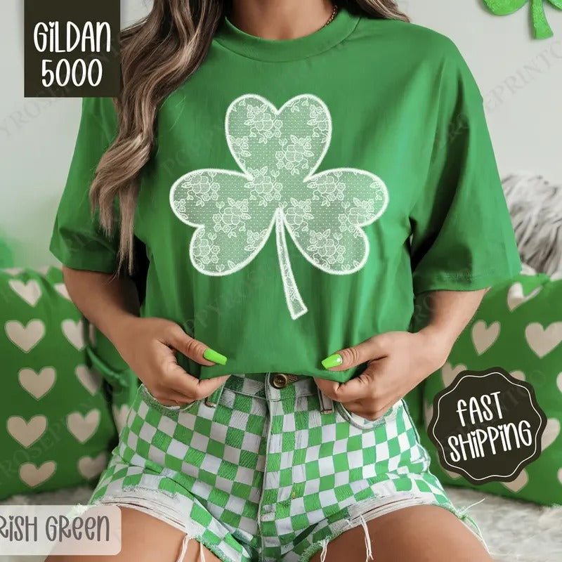 Lace Clover Shirt Gildan, St Patrick's Day Women's Tee, Cute Women's Tshirt Plus Sizes Hoodie, Sweatshirt | PureTeeCo.com