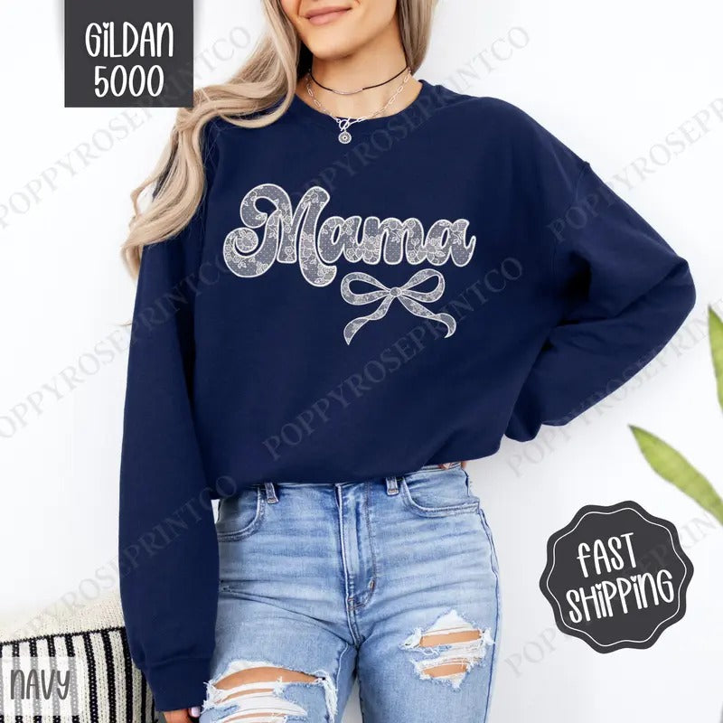 Lace Mama Sweatshirt, Coquette Lace Mama Bow Crewneck, Cute Women's Sweater T-Shirts, Hoodie | PureTeeCo.com