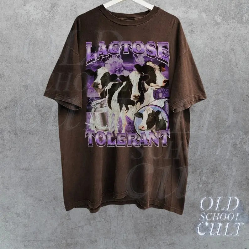 Lactose Tolerant Vintage Bootleg T-Shirt, Retro Milk 90s Funny Graphic Shirt, Funny Shirts For Friends, Y2k Unisex Baggy...